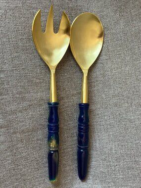NWT Salad Servers Gold Tone Stainless Steel Marbled Resin by Creative Co-Op